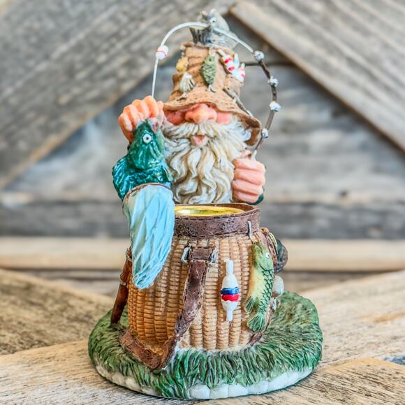 Vintage Hillbilly Gnome Gone Fishing, Resin Candlestick Holder, 4.5”H x 4.25”W - Picture 4 of 9